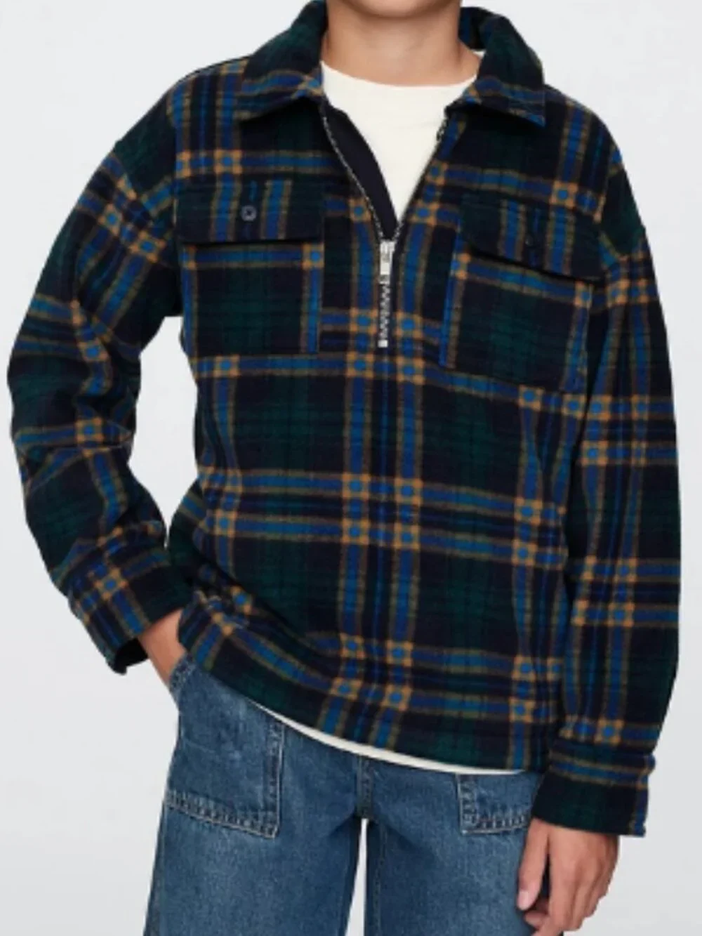 GAP Kids Cozy Half Zip Fleece Shirt Jacket, Plaid - Kids XL (12)